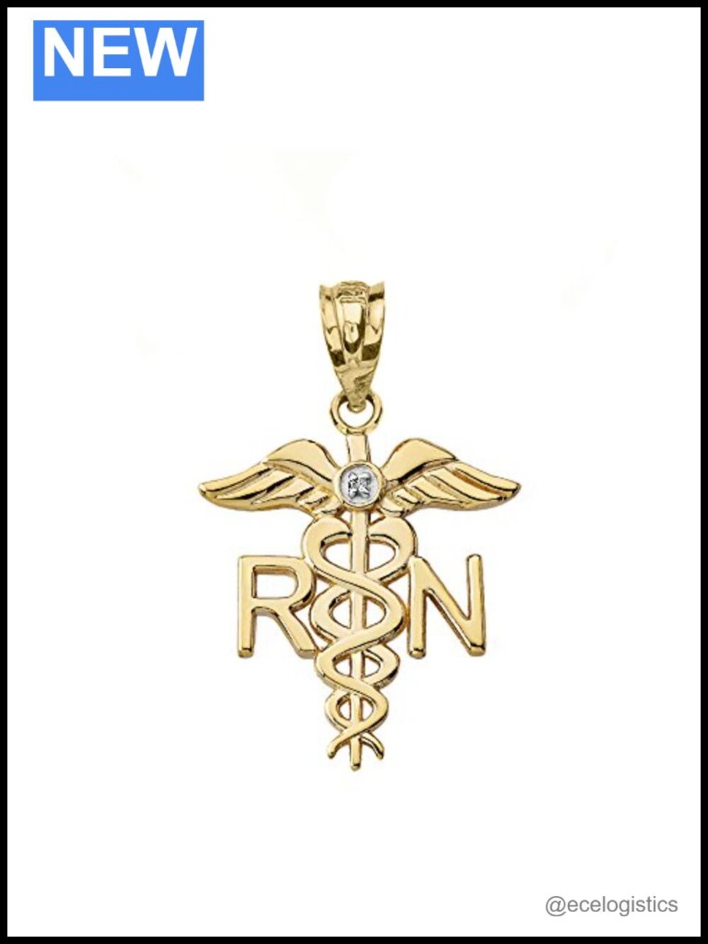 14k Yellow Gold Solitaire Diamond Caduceus RN Charm Pendant